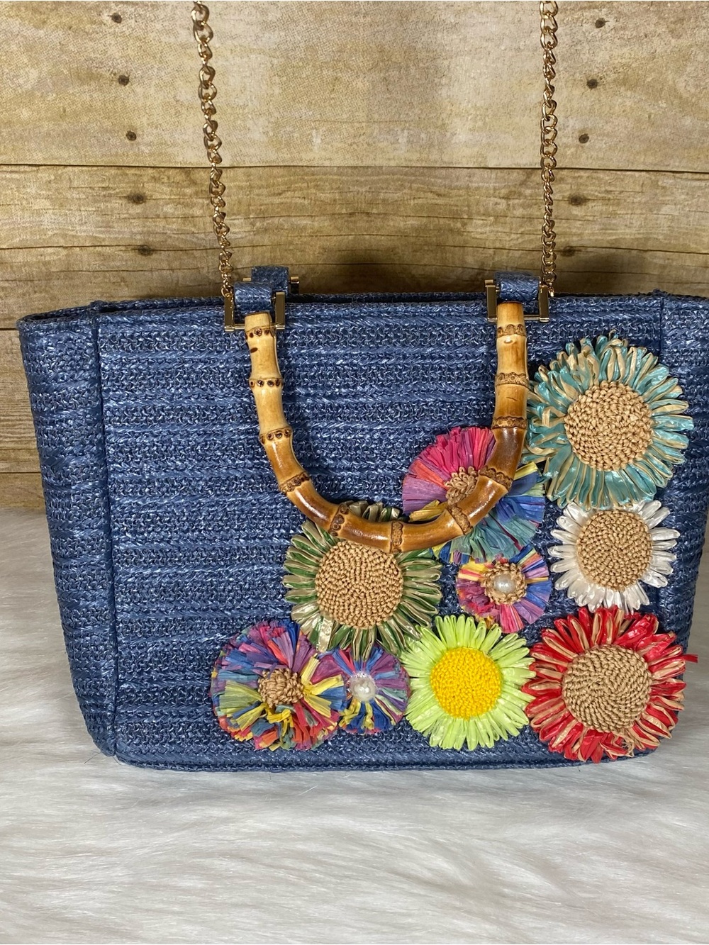 Haute Hippie Blue Straw Tote with Multicolor Floral Appliqués and Bamboo Handles - Picture 9 of 11
